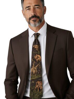 Vintage Necktie Jungle Safari Wild Animal Zoo Novelty Tie Classic Black Broadway